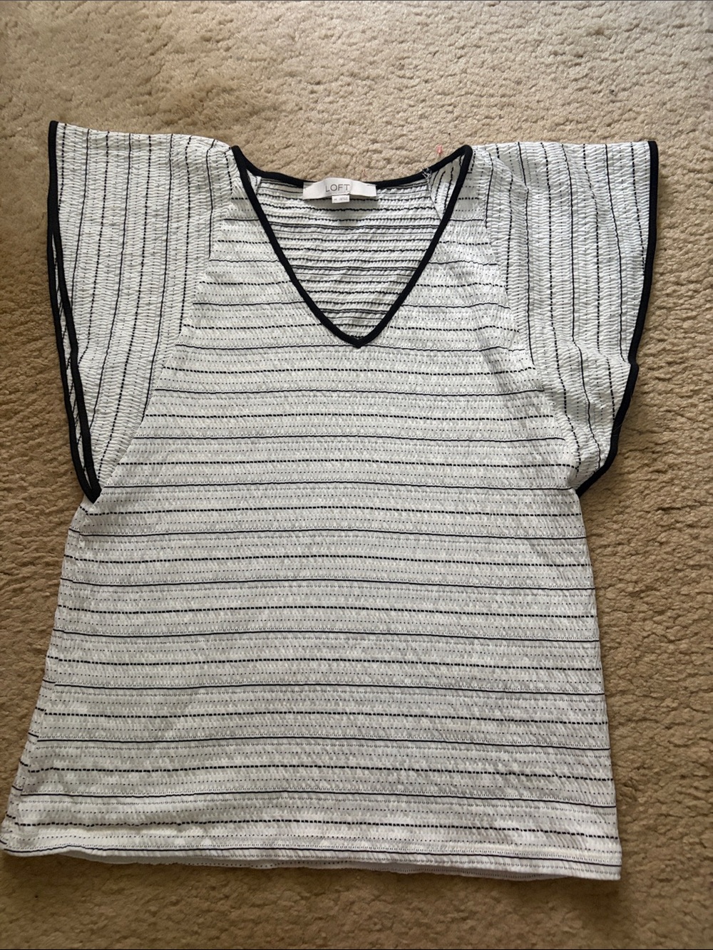 LOFT White Top with Black Trim and Subtle Stripes